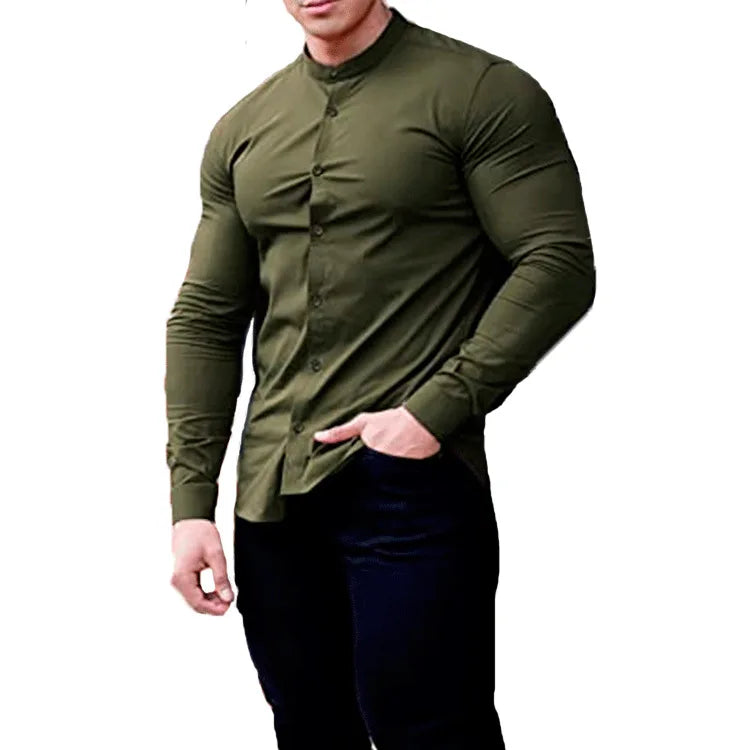 Men's  Casual Shirt Slim Fit Micro-elastic Long Sleeve Comfortable Versatile Stand Collar Tops Camisas  Men Dress Shirt Path Of Praise