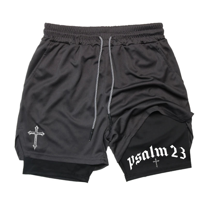 Psalm Cross Print 2 in 1 Workout Running Shorts for Men Gym Athletic Breathable Performance Shorts with Phone Pocket Activewear Path Of Praise