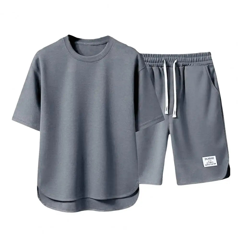 Men Activewear Casual Outfit Set, O-neck Short Sleeve T-shirt, Elastic Drawstring Waist, Wide Leg Shorts - Path Of Praise 