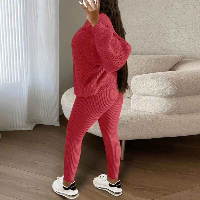 Spring and Autumn Home Fashion Casual Knitted Suit, Trousers Suit, Women's Wool Suit Crew Neck Pullover Long Sleeve Trousers Path Of Praise