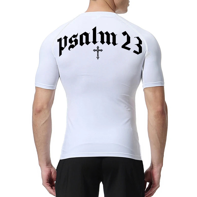 Psalm 23 Cross Print Compression Shirt for Men Sporty Quick Dry Tees Tshirt Tops Gym Workout Fitness Undershirts Baselayers Path Of Praise