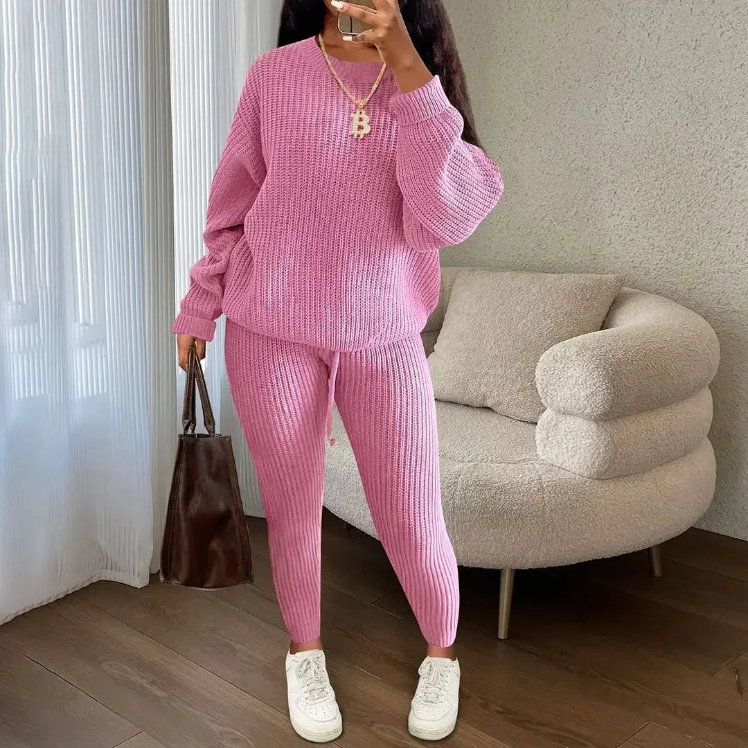 Spring and Autumn Home Fashion Casual Knitted Suit, Trousers Suit, Women's Wool Suit Crew Neck Pullover Long Sleeve Trousers Path Of Praise