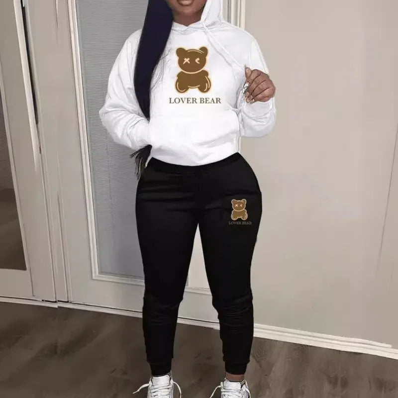 Women's "Lover Bear" 2-Piece Tracksuit Set – Long Sleeve Hoodie & Drawstring Pants with Kangaroo Pocket