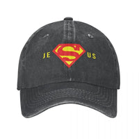 Thumbnail for Super Jesus Baseball Cap – Vintage Washed Christian Hat for Men & Women – Faith-Based Adjustable Dad Hat with Sun Protection