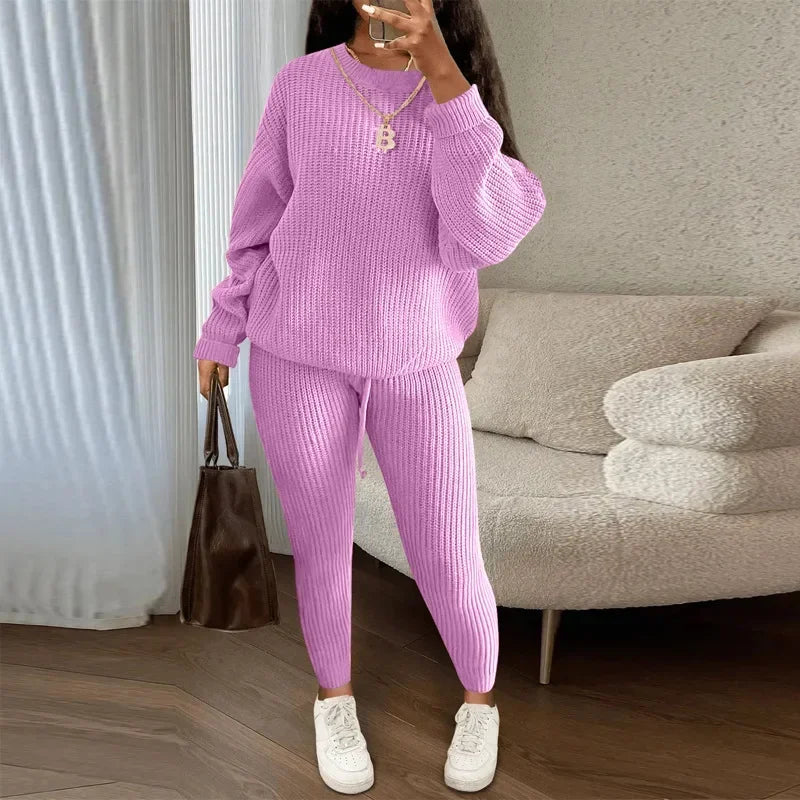 Spring and Autumn Home Fashion Casual Knitted Suit, Trousers Suit, Women's Wool Suit Crew Neck Pullover Long Sleeve Trousers Path Of Praise