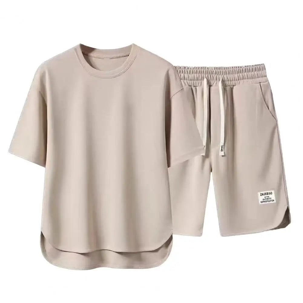 Men Activewear Casual Outfit Set, O-neck Short Sleeve T-shirt, Elastic Drawstring Waist, Wide Leg Shorts - Path Of Praise 