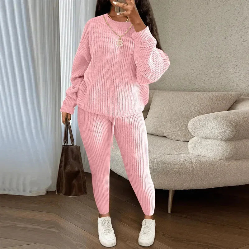 Spring and Autumn Home Fashion Casual Knitted Suit, Trousers Suit, Women's Wool Suit Crew Neck Pullover Long Sleeve Trousers Path Of Praise