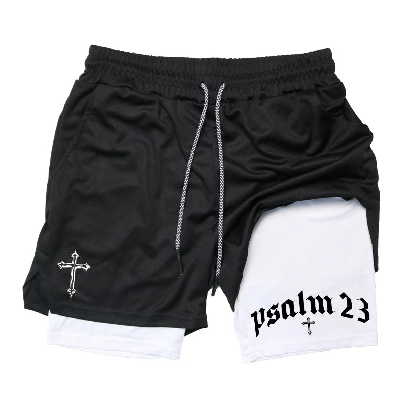 Psalm Cross Print 2 in 1 Workout Running Shorts for Men Gym Athletic Breathable Performance Shorts with Phone Pocket Activewear Path Of Praise