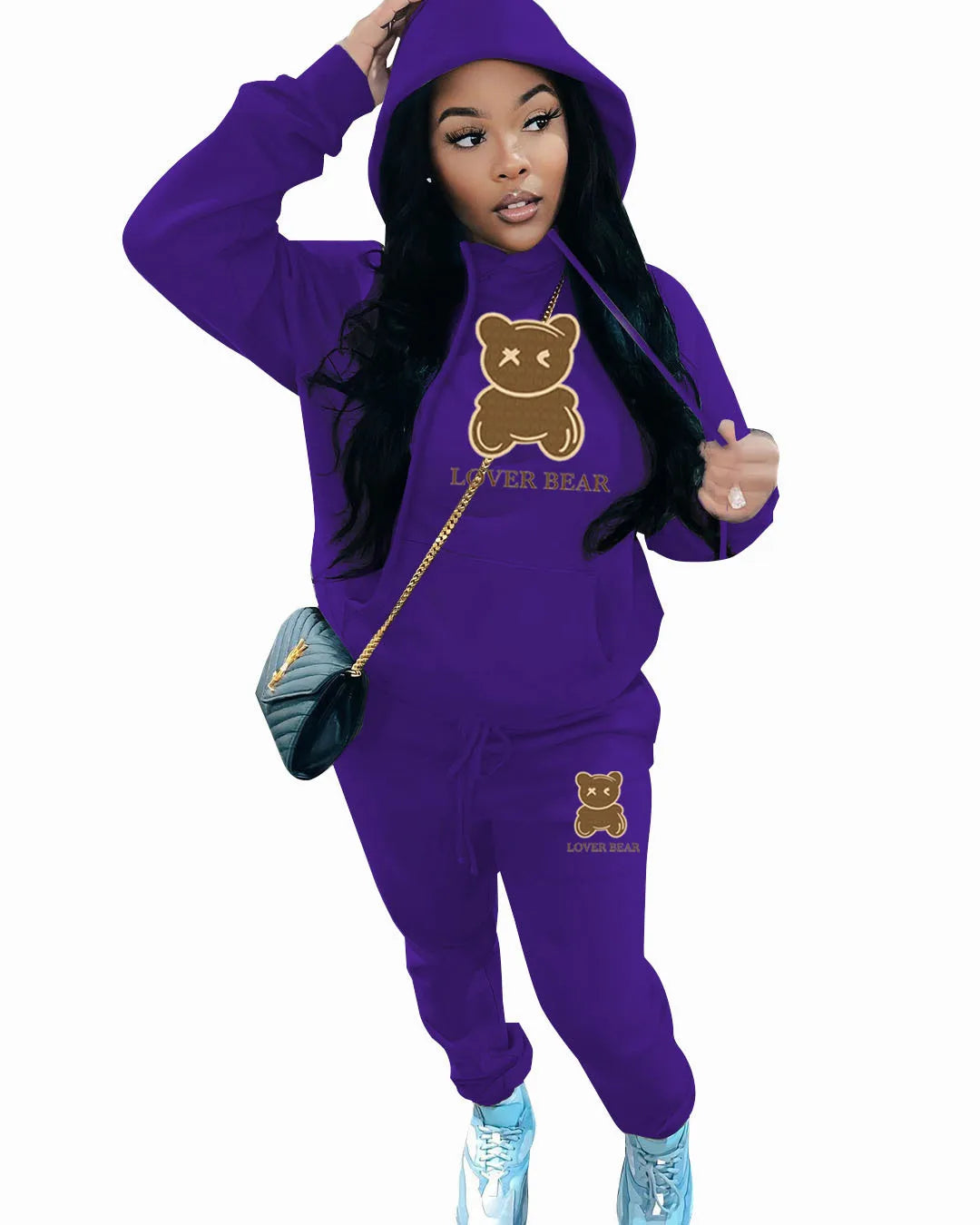 Women's "Lover Bear" 2-Piece Tracksuit Set – Long Sleeve Hoodie & Drawstring Pants with Kangaroo Pocket