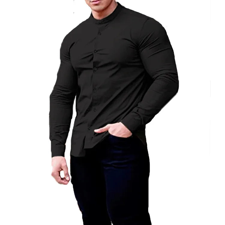 Men's  Casual Shirt Slim Fit Micro-elastic Long Sleeve Comfortable Versatile Stand Collar Tops Camisas  Men Dress Shirt Path Of Praise