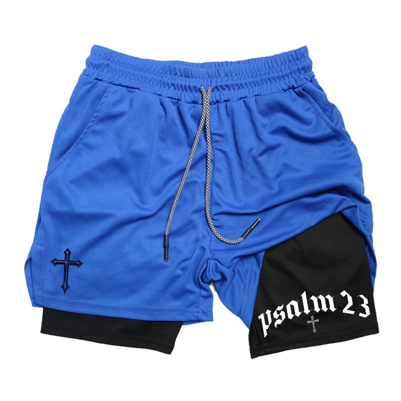 Psalm Cross Print 2 in 1 Workout Running Shorts for Men Gym Athletic Breathable Performance Shorts with Phone Pocket Activewear Path Of Praise