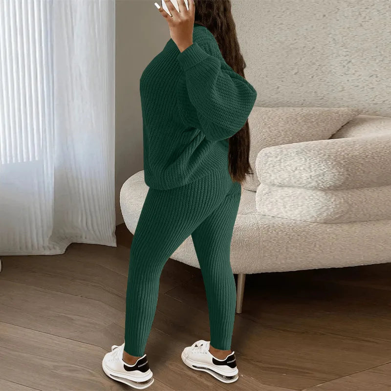 Spring and Autumn Home Fashion Casual Knitted Suit, Trousers Suit, Women's Wool Suit Crew Neck Pullover Long Sleeve Trousers Path Of Praise