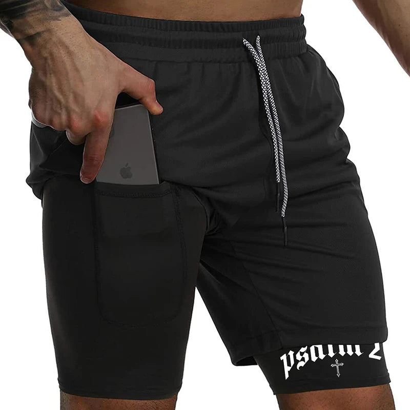 Psalm Cross Print 2 in 1 Workout Running Shorts for Men Gym Athletic Breathable Performance Shorts with Phone Pocket Activewear Path Of Praise