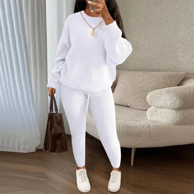 Spring and Autumn Home Fashion Casual Knitted Suit, Trousers Suit, Women's Wool Suit Crew Neck Pullover Long Sleeve Trousers Path Of Praise