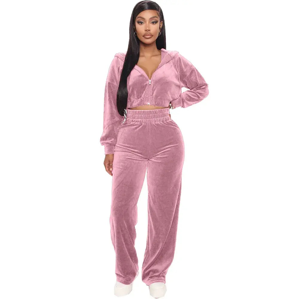 Women's Casual 2-Piece Fall Hooded Pantsuit | Long-Sleeve Crop Jacket & Wide-Leg Pants Set - Path Of Praise