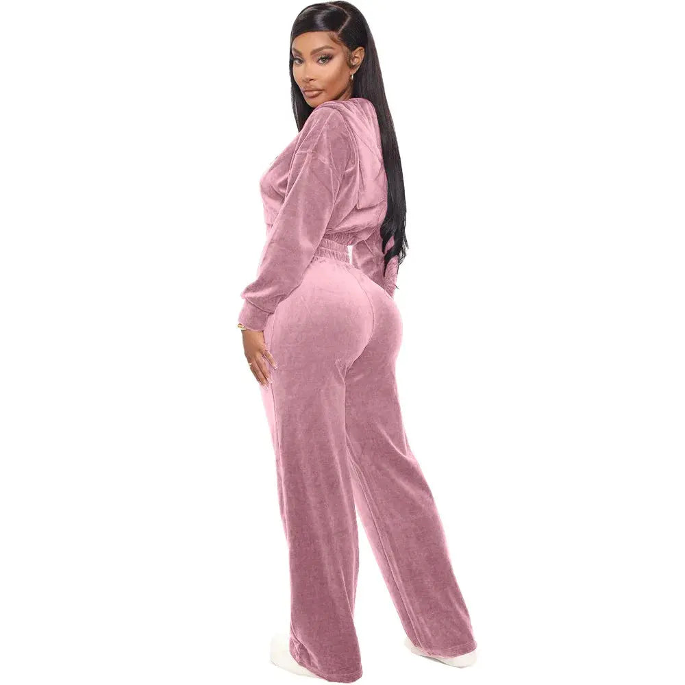 Women's Casual 2-Piece Fall Hooded Pantsuit | Long-Sleeve Crop Jacket & Wide-Leg Pants Set - Path Of Praise