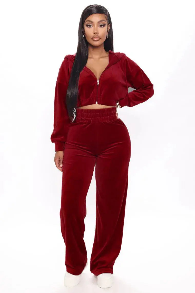 Women's Casual 2-Piece Fall Hooded Pantsuit | Long-Sleeve Crop Jacket & Wide-Leg Pants Set - Path Of Praise