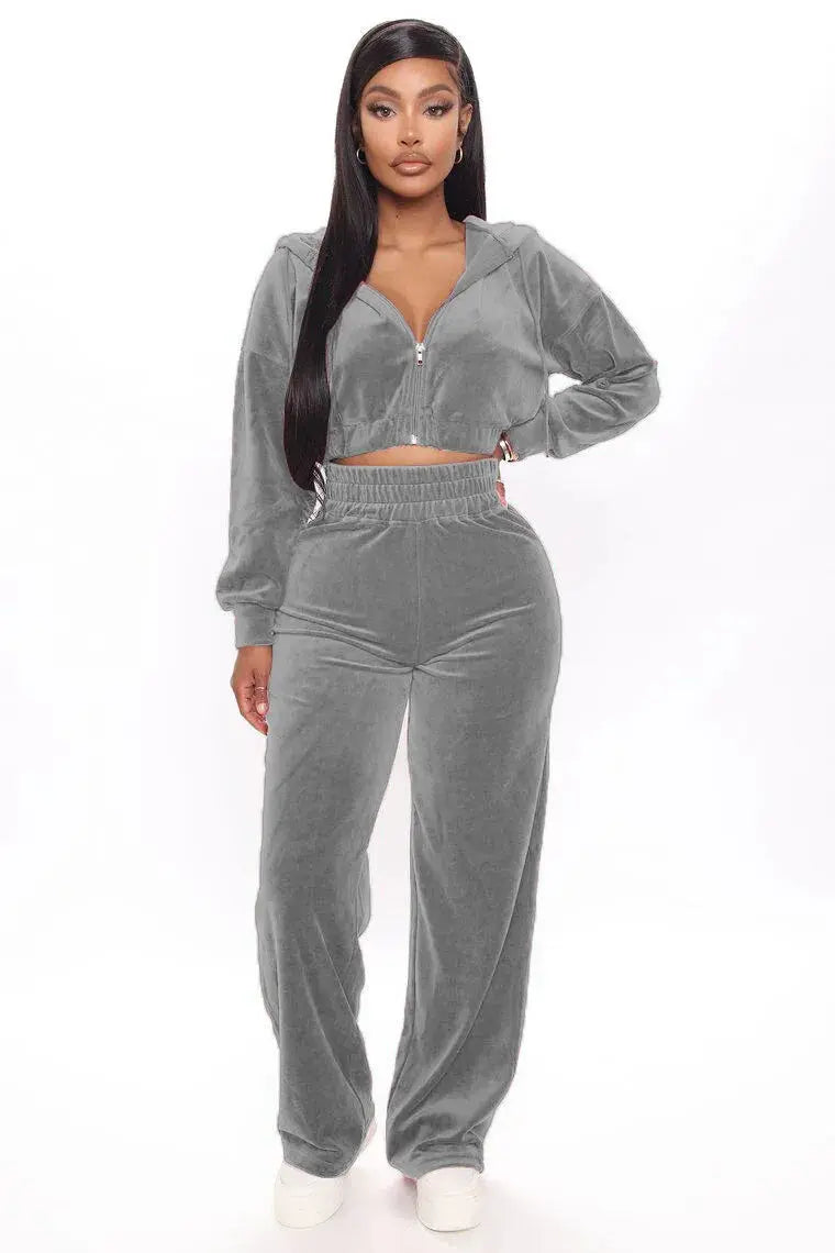 Women's Casual 2-Piece Fall Hooded Pantsuit | Long-Sleeve Crop Jacket & Wide-Leg Pants Set - Path Of Praise