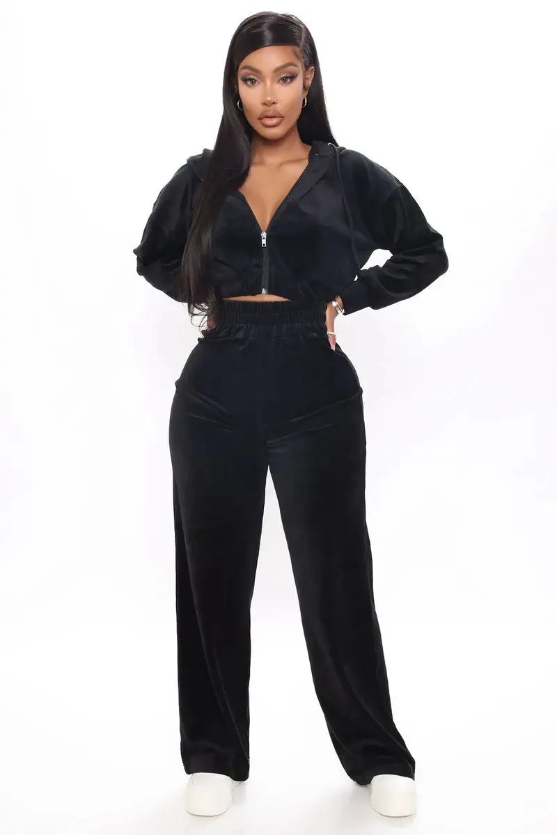 Women's Casual 2-Piece Fall Hooded Pantsuit | Long-Sleeve Crop Jacket & Wide-Leg Pants Set - Path Of Praise