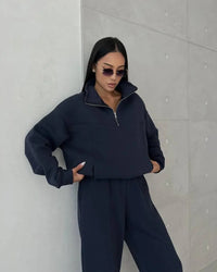 Thumbnail for Women's Fall Pant Set - Solid Color Casual Sweatshirt & V-Neck Half Zip Hoodie Outfit - Path Of Praise