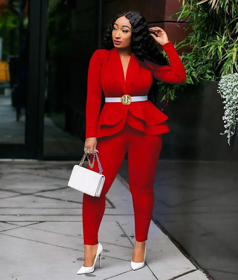 Women's Full Sleeve Ruffles Blazers Pencil Pants Suit Set – Two Piece Fall Season Lady's Outfit - Path Of Praise