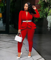 Thumbnail for Women's Full Sleeve Ruffles Blazers Pencil Pants Suit Set – Two Piece Fall Season Lady's Outfit - Path Of Praise