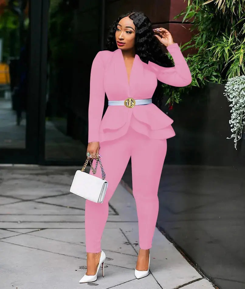 Women's Full Sleeve Ruffles Blazers Pencil Pants Suit Set – Two Piece Fall Season Lady's Outfit - Path Of Praise