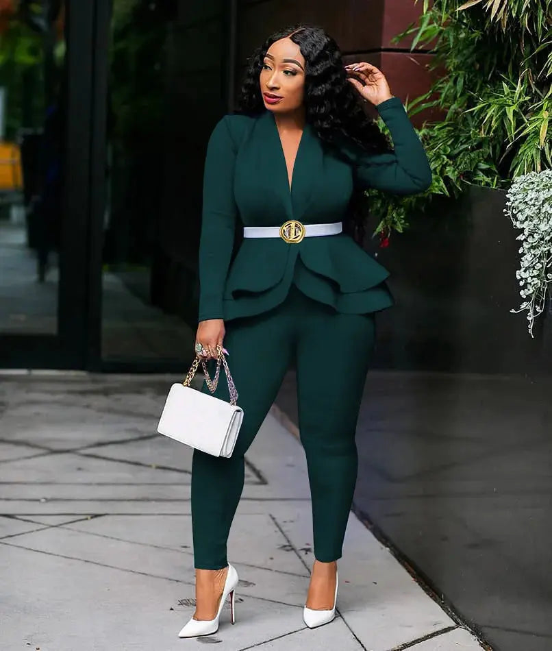 Women's Full Sleeve Ruffles Blazers Pencil Pants Suit Set – Two Piece Fall Season Lady's Outfit - Path Of Praise