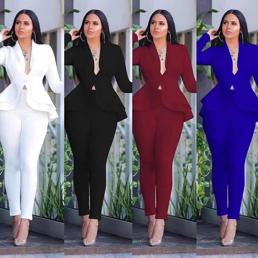 Women's Full Sleeve Ruffles Blazers Pencil Pants Suit Set – Two Piece Fall Season Lady's Outfit Path Of Praise