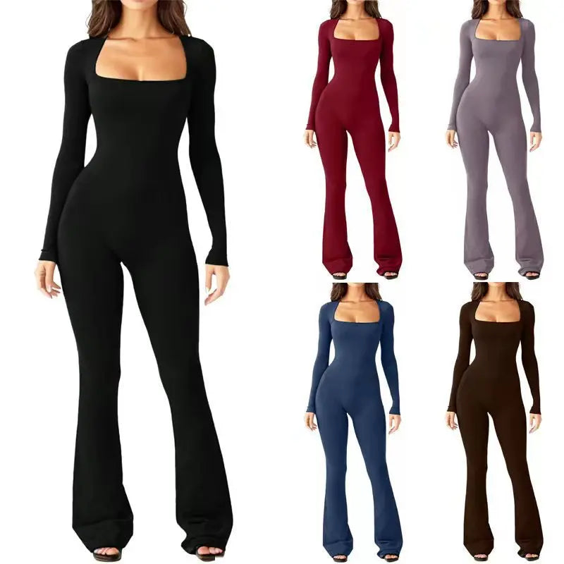 Women’s Long Sleeve Waist Shaping and Hip Lift Square Collar Wide Leg Jumpsuit - Path Of Praise