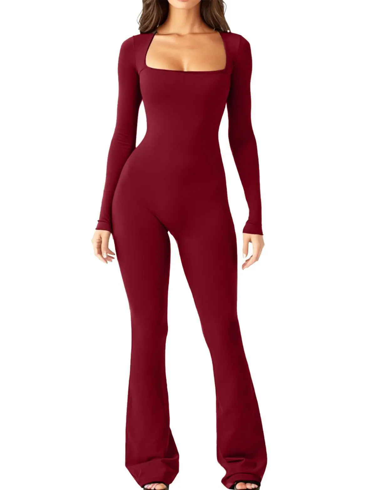 Women’s Long Sleeve Waist Shaping and Hip Lift Square Collar Wide Leg Jumpsuit - Path Of Praise