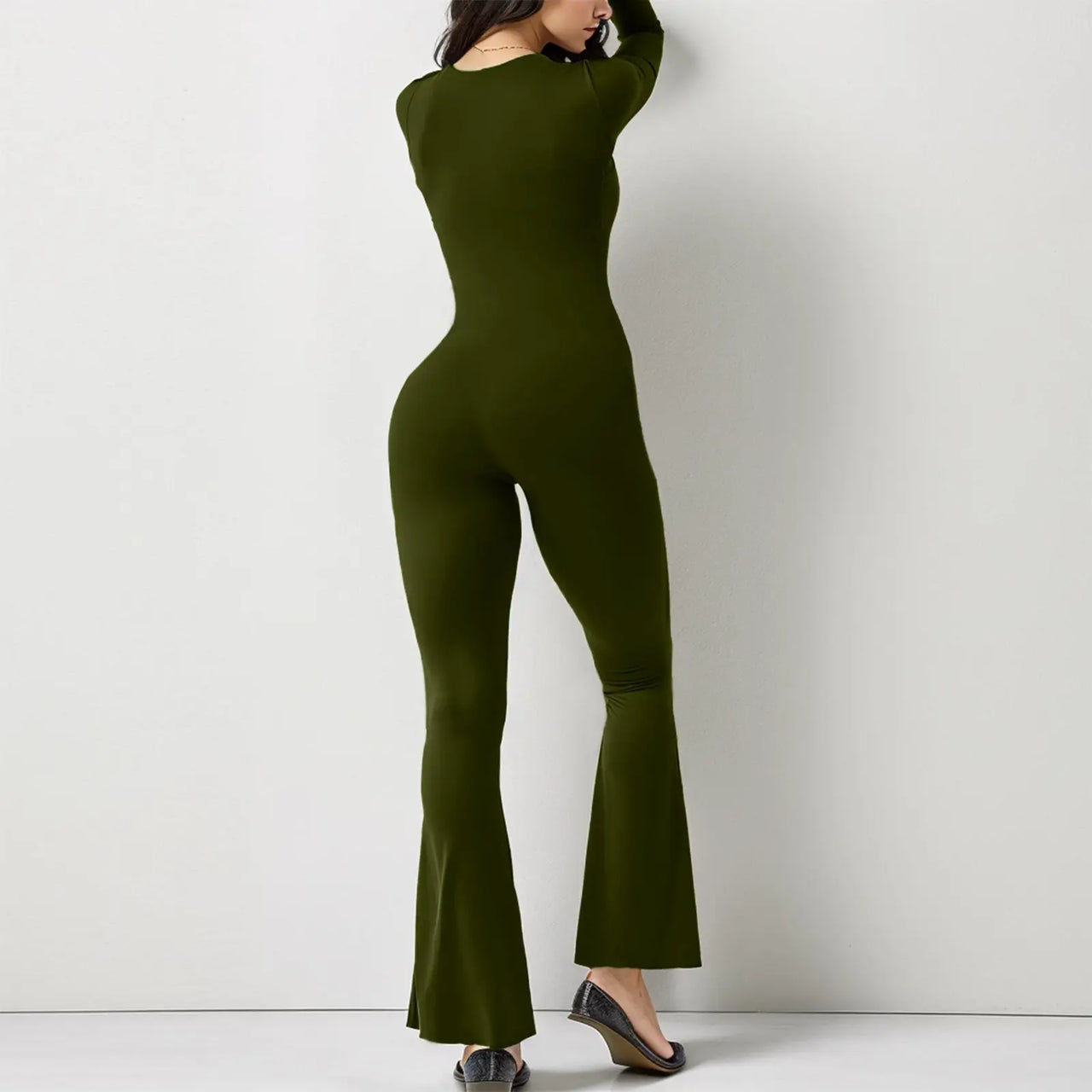 Women’s Long Sleeve Waist Shaping and Hip Lift Square Collar Wide Leg Jumpsuit - Path Of Praise