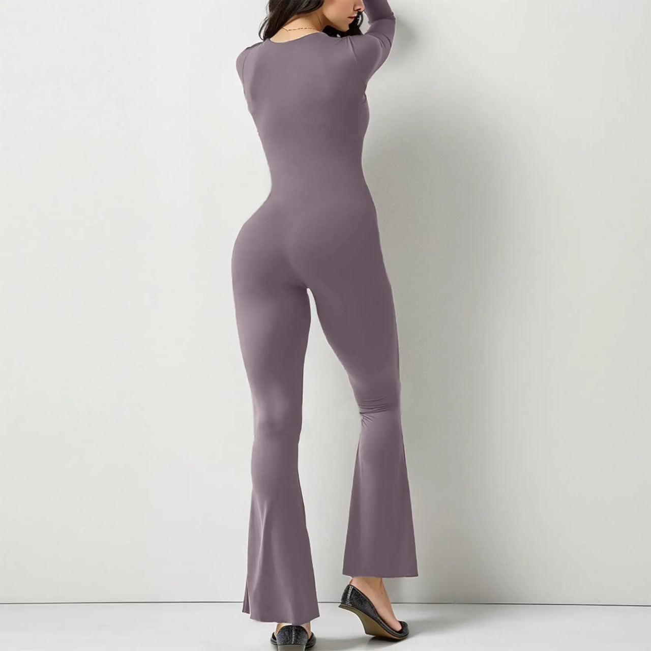 Women’s Long Sleeve Waist Shaping and Hip Lift Square Collar Wide Leg Jumpsuit - Path Of Praise