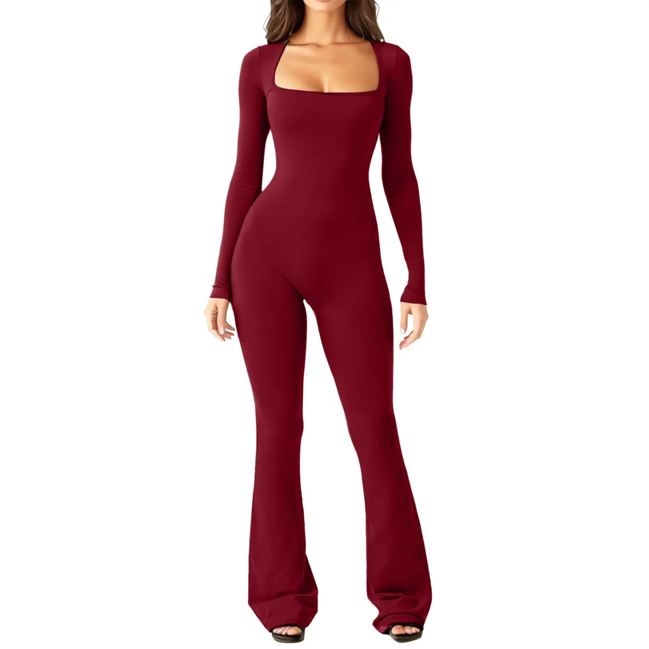 Women’s Long Sleeve Waist Shaping and Hip Lift Square Collar Wide Leg Jumpsuit - Path Of Praise