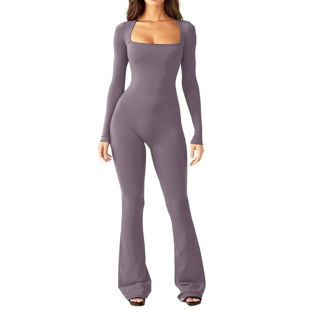 Women’s Long Sleeve Waist Shaping and Hip Lift Square Collar Wide Leg Jumpsuit - Path Of Praise