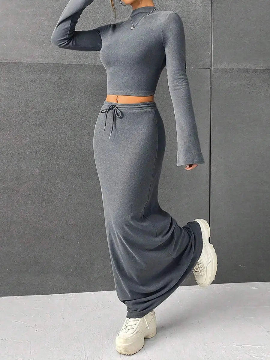 Women's Retro Casual Two-Piece Fall Outfit | Turtleneck Cropped Top & Drawstring Long Skirt - Path Of Praise