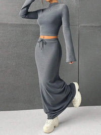 Thumbnail for Women's Retro Casual Two-Piece Fall Outfit | Turtleneck Cropped Top & Drawstring Long Skirt - Path Of Praise