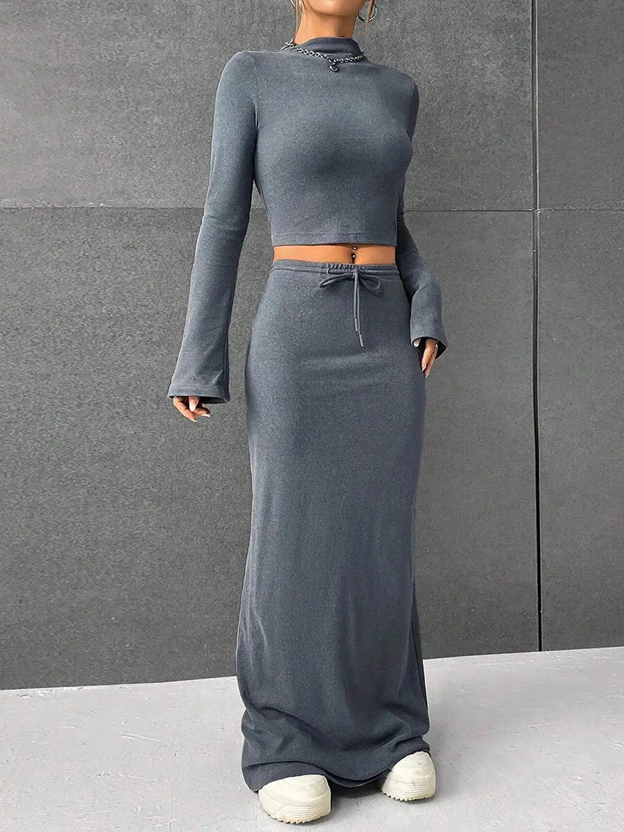 Women's Retro Casual Two-Piece Fall Outfit | Turtleneck Cropped Top & Drawstring Long Skirt - Path Of Praise